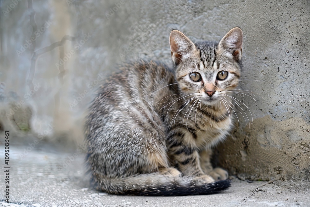Tabby kitten sitting near a concrete wall Tabby kitten sitting near a concrete wall