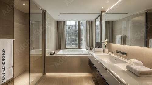 Wallpaper Mural Elegant Modern Bathroom with Minimalist Design Featuring Freestanding Bathtub, Luxurious Finishes, and Natural Light from Large Window Torontodigital.ca