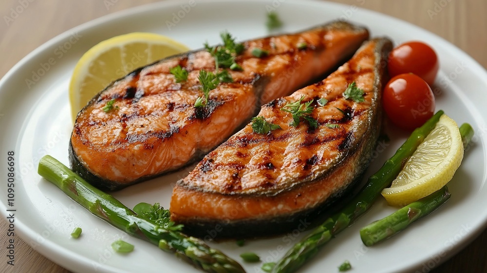 Fried salmon steak with cooked green asparagus, cherry tomatoes and lemon slices served on white plate on wooden table. Fried salmon steak with cooked green asparagus, cherry tomatoes and lemon slices served on white plate on wooden table.
