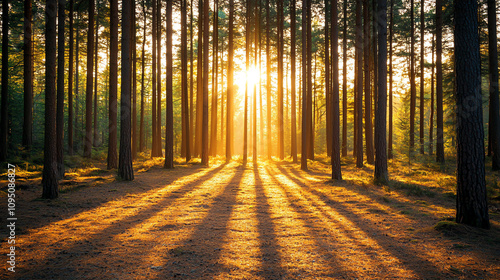 serene forest scene with sunlight streaming through tall pine trees, casting long shadows on ground. warm glow creates peaceful atmosphere photo