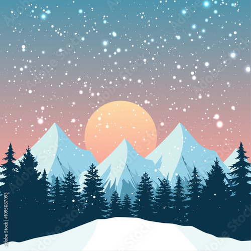 
Winter mountains in snowy weather. Winter landscape of a forest against a background of mountains and snow. Winter nature vector illustration for Christmas design. Hike concept. flat lay design