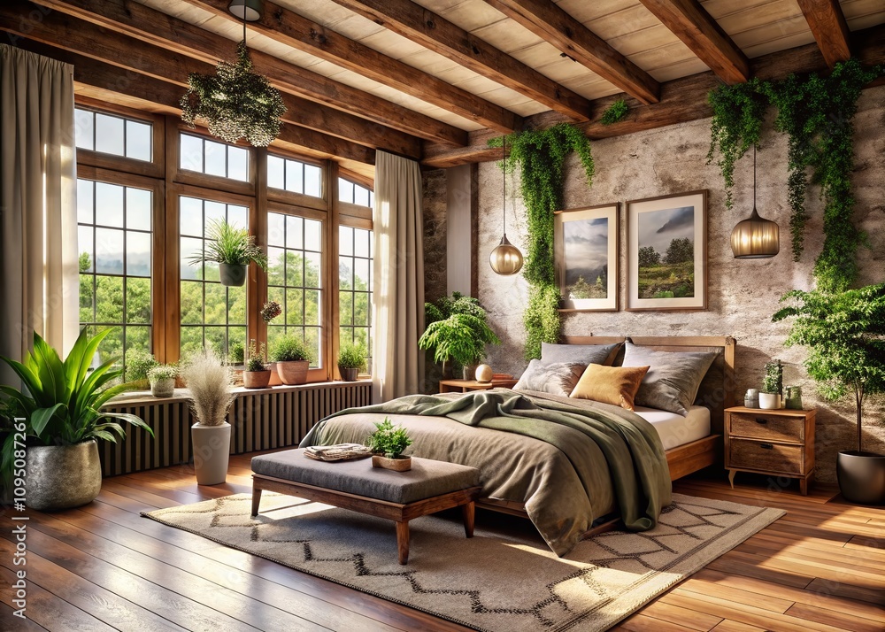Fototapeta premium Serene Rustic Bedroom with Natural Light and Exposed Wood Beams, Perfect for Urban Exploration Photography, Featuring Cozy Decor and Tranquil Ambiance