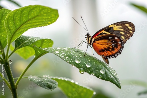 Colorful butterfly perched on a leaf with dew drops glistening in the morning light, dew, foliage, leaves photo