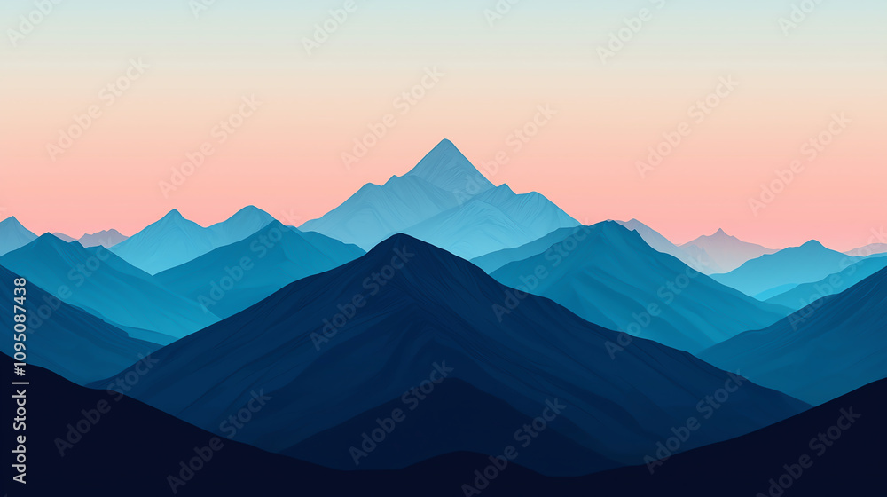 Majestic mountains with layered blue peaks create serene landscape at dawn. soft gradient sky enhances tranquil atmosphere, inviting exploration and adventure