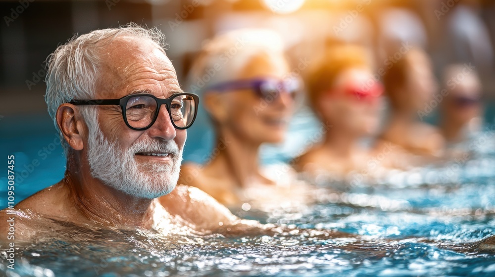 Fototapeta premium Group of senior adults enjoying a water aerobics class in a swimming pool, showcasing joy and exercise in a supportive environment, ideal for health and wellness themes.