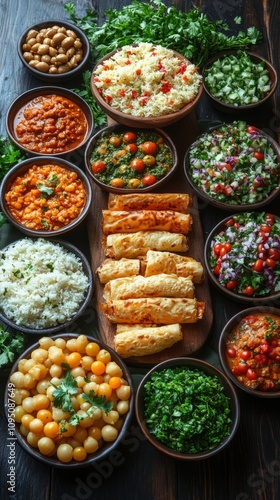 A colorful array of authentic Indian dishes served on a rustic wooden table, highlighting the richness of spices and fresh ingredients at a festive gathering