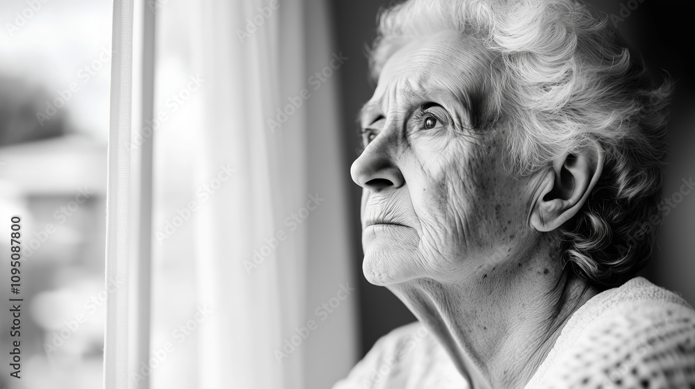 Elderly Woman Gazing Out the Window in Black and White Elderly Woman Gazing Out the Window in Black and White