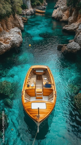 Wallpaper Mural A beautifully crafted wooden boat drifts peacefully through turquoise waters, embraced by stunning rocky cliffs and vibrant greenery on a sunny day Torontodigital.ca