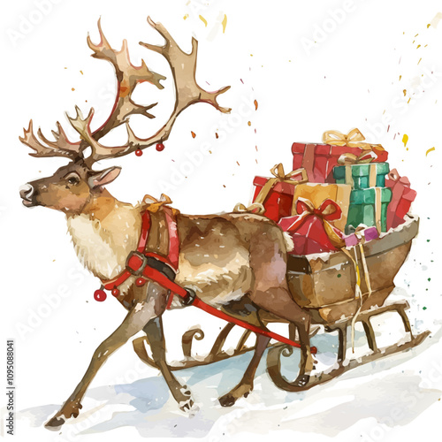 A watercolor of Reindeer with Sleigh, isolated on a white background. Reindeer with Sleigh vector.