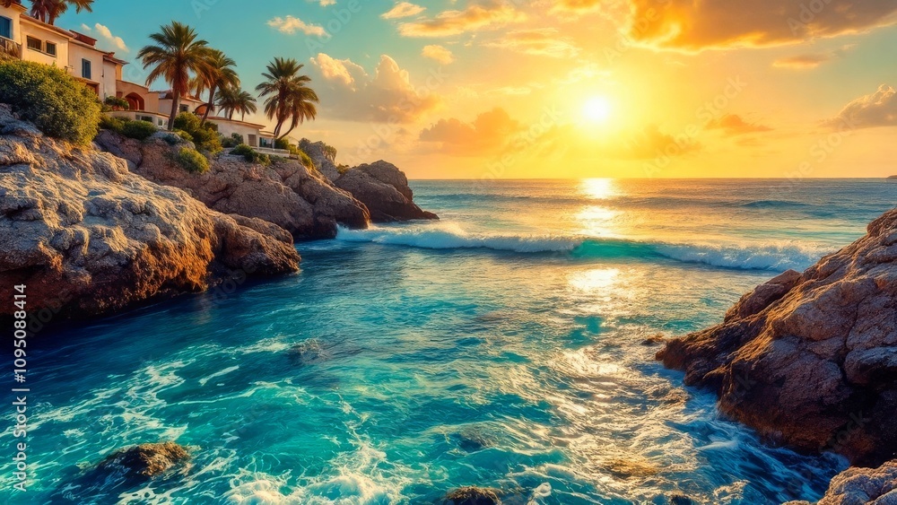 Fototapeta premium Stunning coastal scenery at sunset with rocky cliffs, palm trees, and gentle waves under a golden sky.