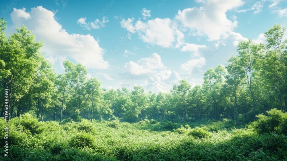 Obraz premium Lush Green Forest Landscape Under Bright Blue Sky with Fluffy White Clouds, Capturing the Serenity and Beauty of Nature in a Vibrant Scene
