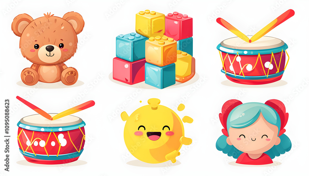 Cute Teddy Bear, Playful Toy Blocks, Cheerful Drum, Smiling Ball, Giggling Puzzle Piece, Friendly Doll Cute Teddy Bear, Playful Toy Blocks, Cheerful Drum, Smiling Ball, Giggling Puzzle Piece, Friendly Doll