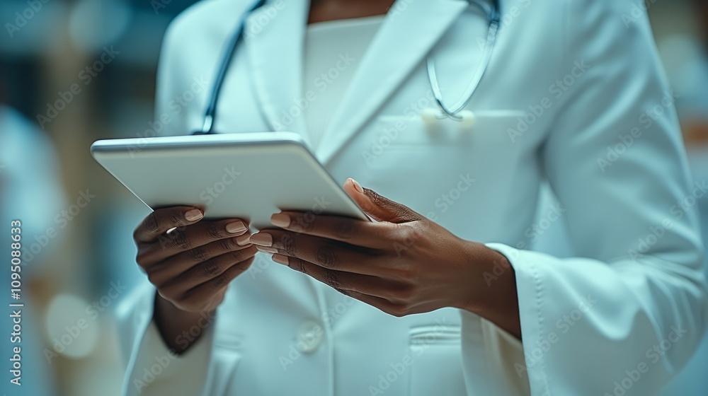 A dedicated healthcare worker reviews patient data on a tablet, showcasing modern medicine's blend of technology and care in a clinical environment A dedicated healthcare worker reviews patient data on a tablet, showcasing modern medicine's blend of technology and care in a clinical environment