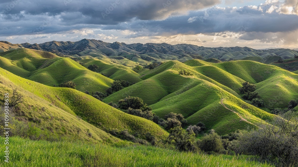 Fototapeta premium Lush Green Rolling Hills Under Cloudy Sky with Sunlight Highlights, Capturing the Serenity of Nature's Landscape and Vibrant Vegetation in a Scenic View