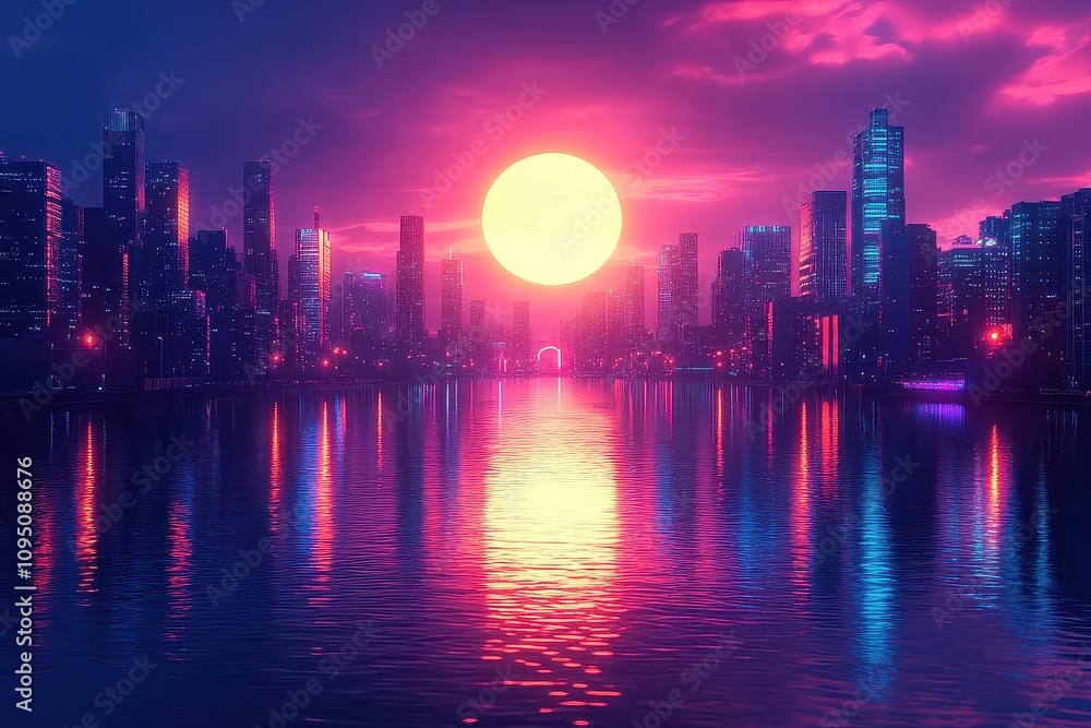 Neon Cityscape: A Sunset Over a Futuristic Skyline with Vivid Reflections Neon Cityscape: A Sunset Over a Futuristic Skyline with Vivid Reflections