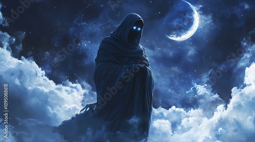 Morpheus cloaked in deep blue robes, his eyes glowing with sapphire light as he shapes dreams from the night sky. Cerulean Sky Dreams. Illustration photo