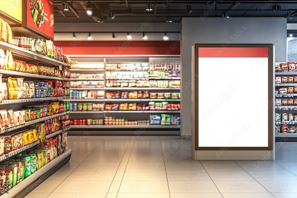 A spotless, blank vertical board near the beverages section in a convenience store, perfect for custom ads A spotless, blank vertical board near the beverages section in a convenience store, perfect for custom ads