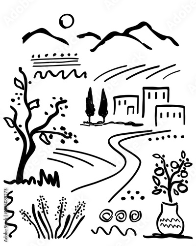 Modern abstract monochrome poster wall art Mediterranean rural landscape, orange tree, olives, farmer's field, houses, cypress trees, bushes, mountains on the horizon. hand drawn black brush outline