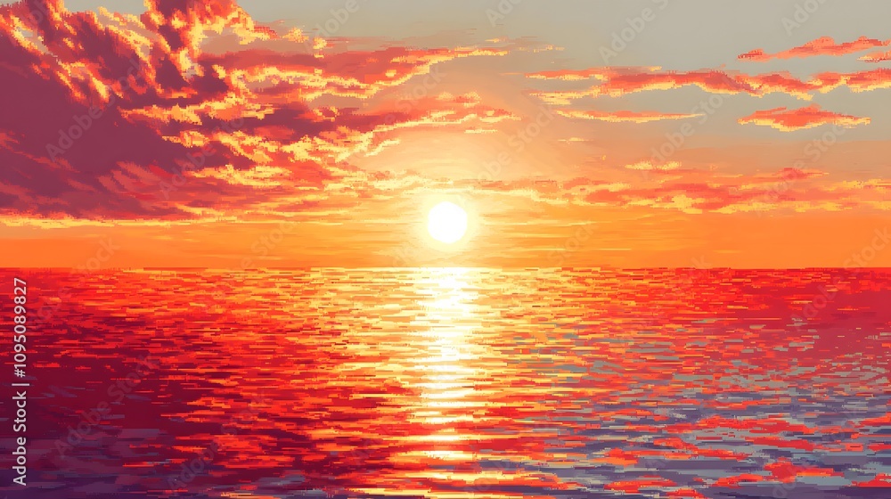 Fototapeta premium Pixel art of the setting sun reflecting on an ocean, with red and orange colors, in a simple 8-bit style
