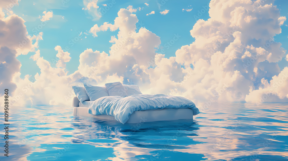 Naklejka premium A serene and dreamy scene of a plush bed floating on still ocean waters under a sky streaked with fluffy clouds. Cerulean Sky Dreams. Illustration