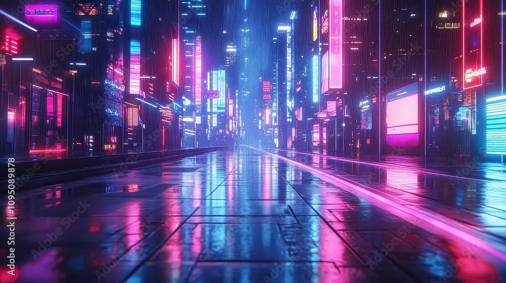 Neon Lights Reflecting on Wet Pavement in a Futuristic Cityscape Neon Lights Reflecting on Wet Pavement in a Futuristic Cityscape