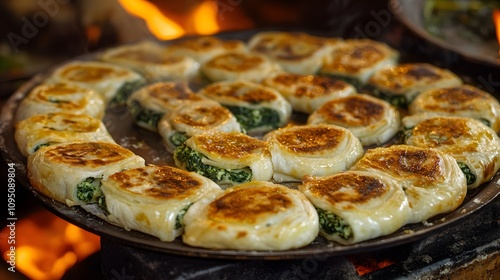 Turkish Tepsi Boregi, Round Borek, Tray pastry (Turkish name; rulo borek - sigara boregi). Spinach Pie photo