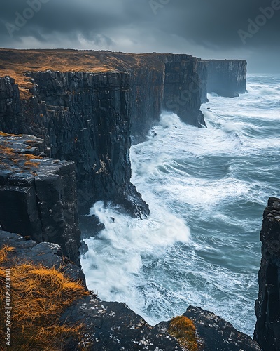 Visual storytelling photography narrative, Dramatic Coastal Cliffs and Stormy Sea Waves photo