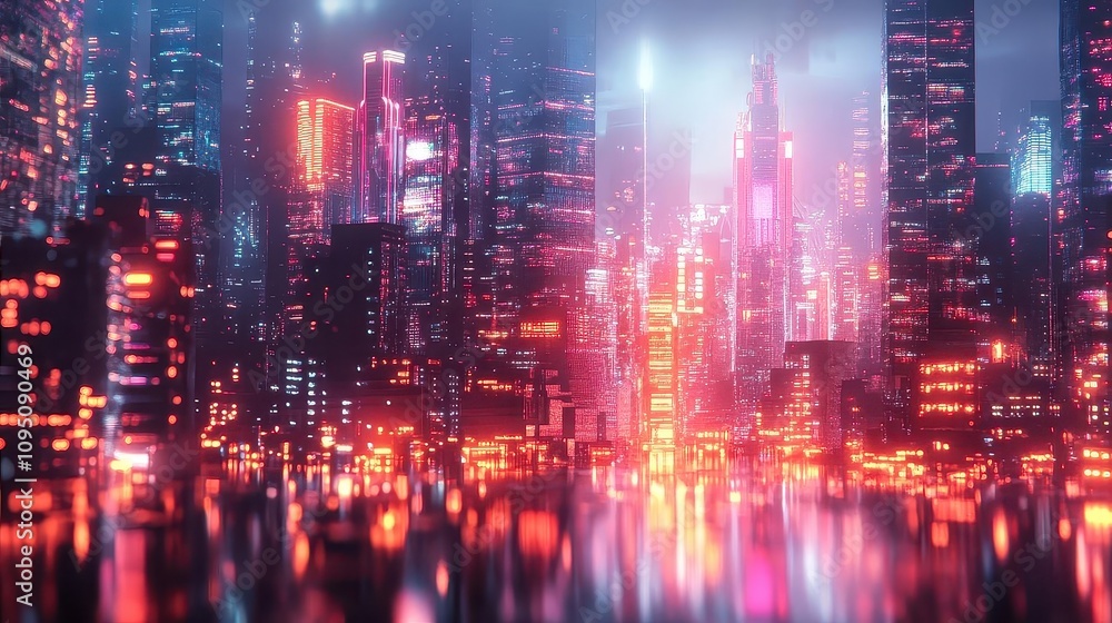 Fototapeta premium Neon Cityscape with Glowing Towers and Reflections