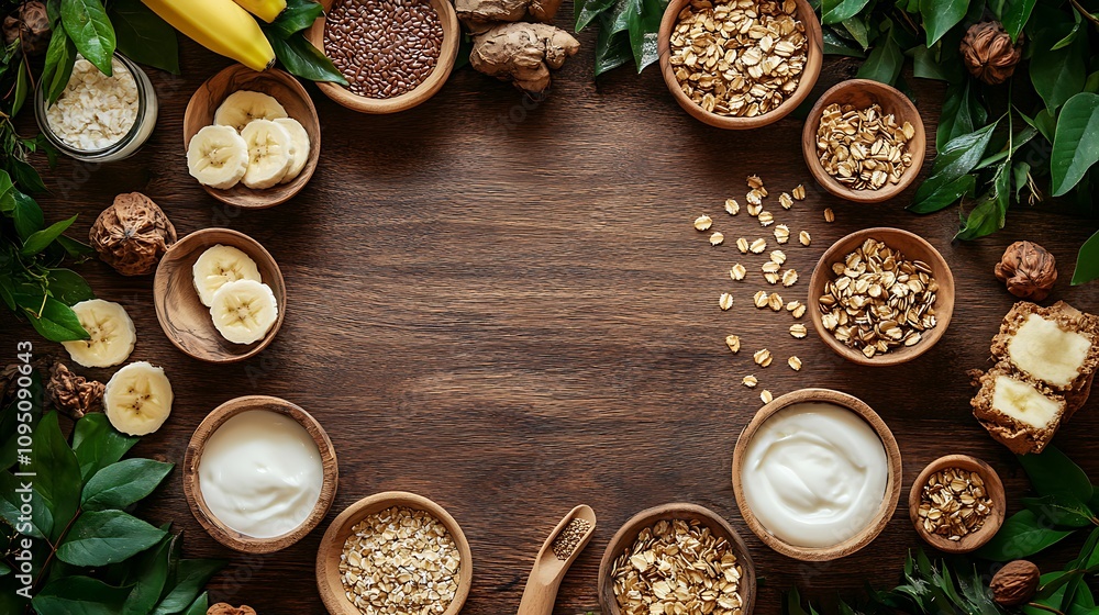 An artistic composition of breakfast baking essentials including bananas, yogurt, flaxseeds, and granola, arranged in a circular pattern on a wooden counter with a backdrop of natural greenery, An artistic composition of breakfast baking essentials including bananas, yogurt, flaxseeds, and granola, arranged in a circular pattern on a wooden counter with a backdrop of natural greenery,