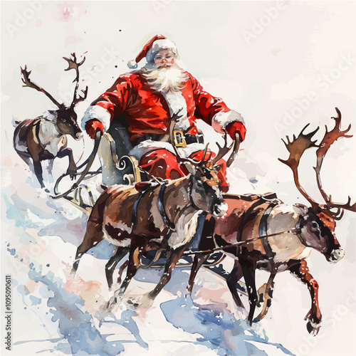 A watercolor painting of Santa Claus with Reindeer, isolated on a white background. Santa Claus with Reindeer vector.