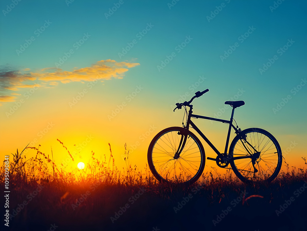 Photo - Sunset Bike Silhouette on Horizon with Vibrant Sky Photo - Sunset Bike Silhouette on Horizon with Vibrant Sky