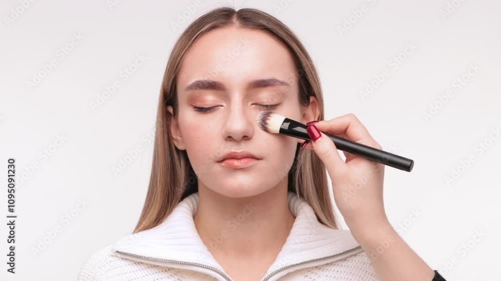 Makeup artist applies to a beautiful girl foundation on the face. Professional makeup concept Makeup artist applies to a beautiful girl foundation on the face. Professional makeup concept