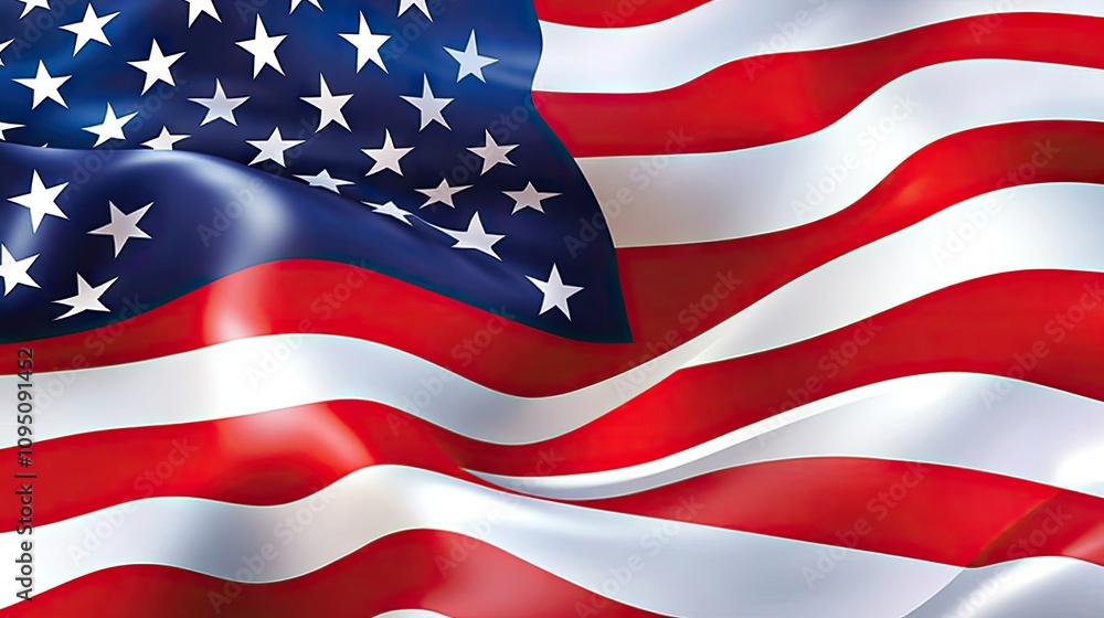 Obraz premium Vibrant American Flag Waving in the Wind, Symbolizing Patriotism, Freedom, and National Pride with Bold Red, White, and Blue Colors in Dynamic Motion