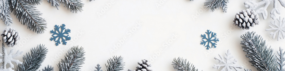 Pine tree branches and pine cones winter banner with copy space for text in white background snowy ground fir branch  covered in snow 