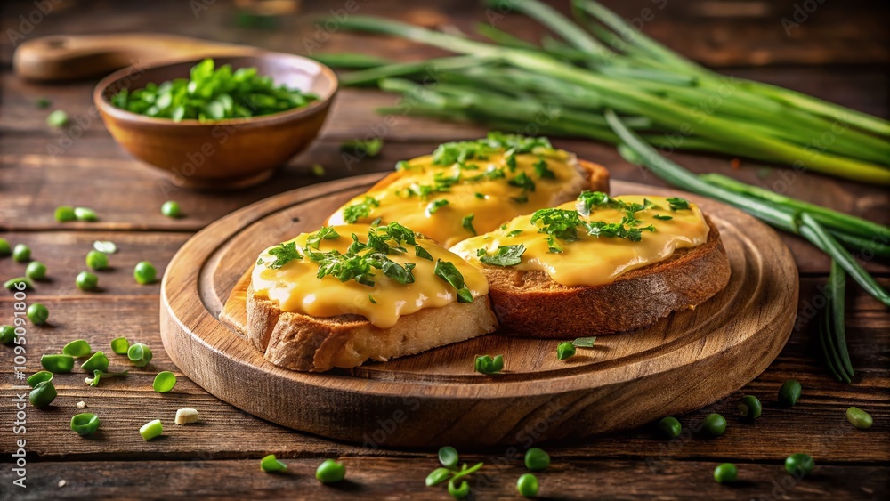 Silhouette of Melted Cheese Toast with Fresh Chives on Wooden Plate - Perfect for Recipe Blogs and Healthy Meal Inspiration Silhouette of Melted Cheese Toast with Fresh Chives on Wooden Plate - Perfect for Recipe Blogs and Healthy Meal Inspiration