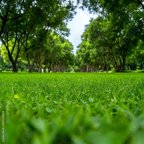 Lush Green Grass Park Tree Lined Pathway Nature Scene