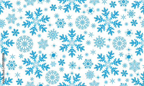 Vector seamless Christmas hand drown pattern with blue doodle snowflakes and stars on a transparent background