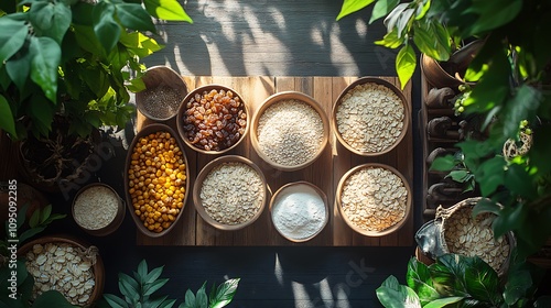 A beautifully arranged baking setup of molasses, whole oats, cornmeal, and dried fruits, surrounded by greenery and rustic accents, with sunlight highlighting the textures of the ingredients, photo