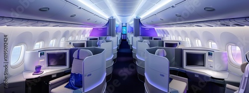 Luxurious business class cabin with modern amenities and ambient lighting.