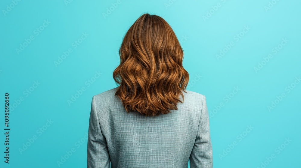 Naklejka premium Woman s Back Curly Brown Hair Blue Blazer Studio Shot