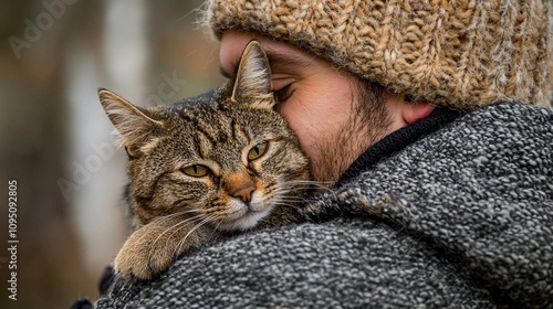 Compassionate vet placing a reassuring hand on a pet owner's shoulder in a calming setting Stock Photo with side copy space photo