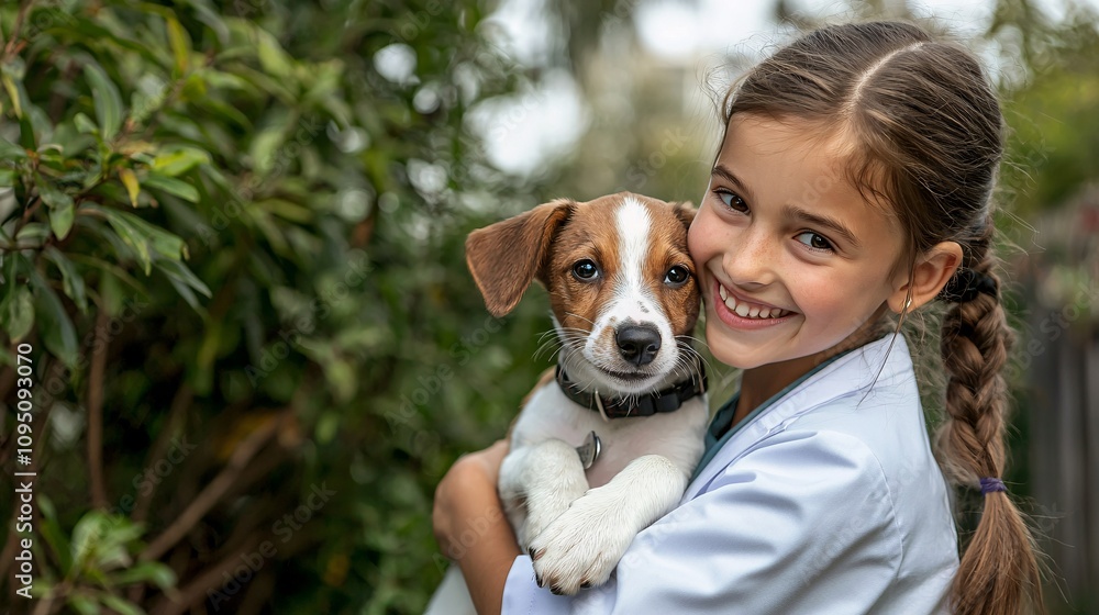 Veterinarian smiling as a child hugs their puppy creating a joyful and comforting scene Stock Photo with side copy space Veterinarian smiling as a child hugs their puppy creating a joyful and comforting scene Stock Photo with side copy space