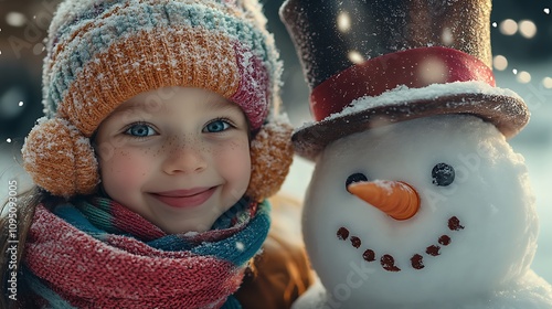 A cheerful child wearing colorful earmuffs, grinning beside a snowman adorned with a vibrant scarf and a top hat, intricate frost details on the snowman and soft snowflakes falling gently, photo