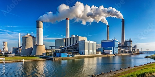 Smokestacks at Eemshaven Power Plant in Northern Netherlands, Showcasing Industrial Zone with Clear Blue Sky and Room for Additional Text and Branding