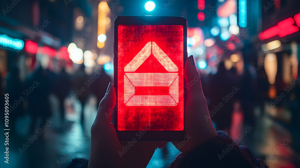 Photo of Red Warning Symbol on Smartphone Screen at Night Photo of Red Warning Symbol on Smartphone Screen at Night