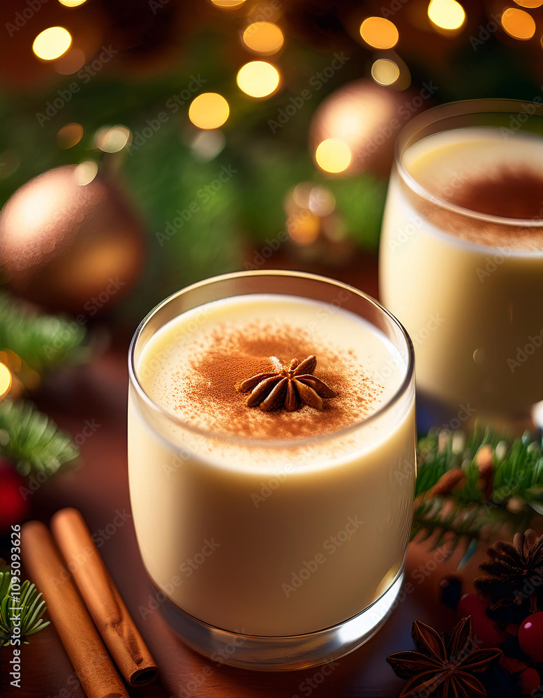 Creamy eggnog topped with cinnamon and a star anise, surrounded by festive decorations Creamy eggnog topped with cinnamon and a star anise, surrounded by festive decorations