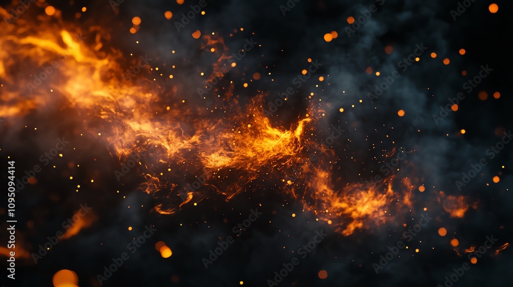 Fototapeta premium Dynamic fire swirl with bright orange flames and glowing embers against a dark, smoky background, perfect for dramatic visuals.