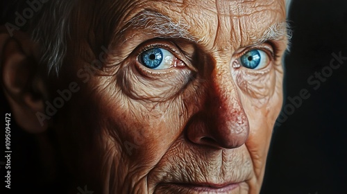 Intense Gaze: A Close-Up Portrait of a Senior Man with Striking Blue Eyes. AI Generated