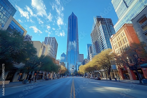 Empty Austin City Street Skyscrapers, Autumn Leaves, Daytime Perspective