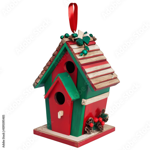 A small red and green birdhouse with a green roof and a red door. Isolated on transparent background. photo